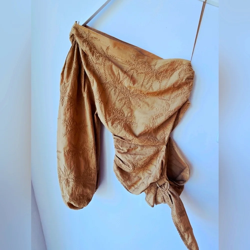 MAJE Lalmeto One Sleeve Tan BROWN Blouse Embroidered Cut Out Zipper Size 1 S - Picture 2 of 16